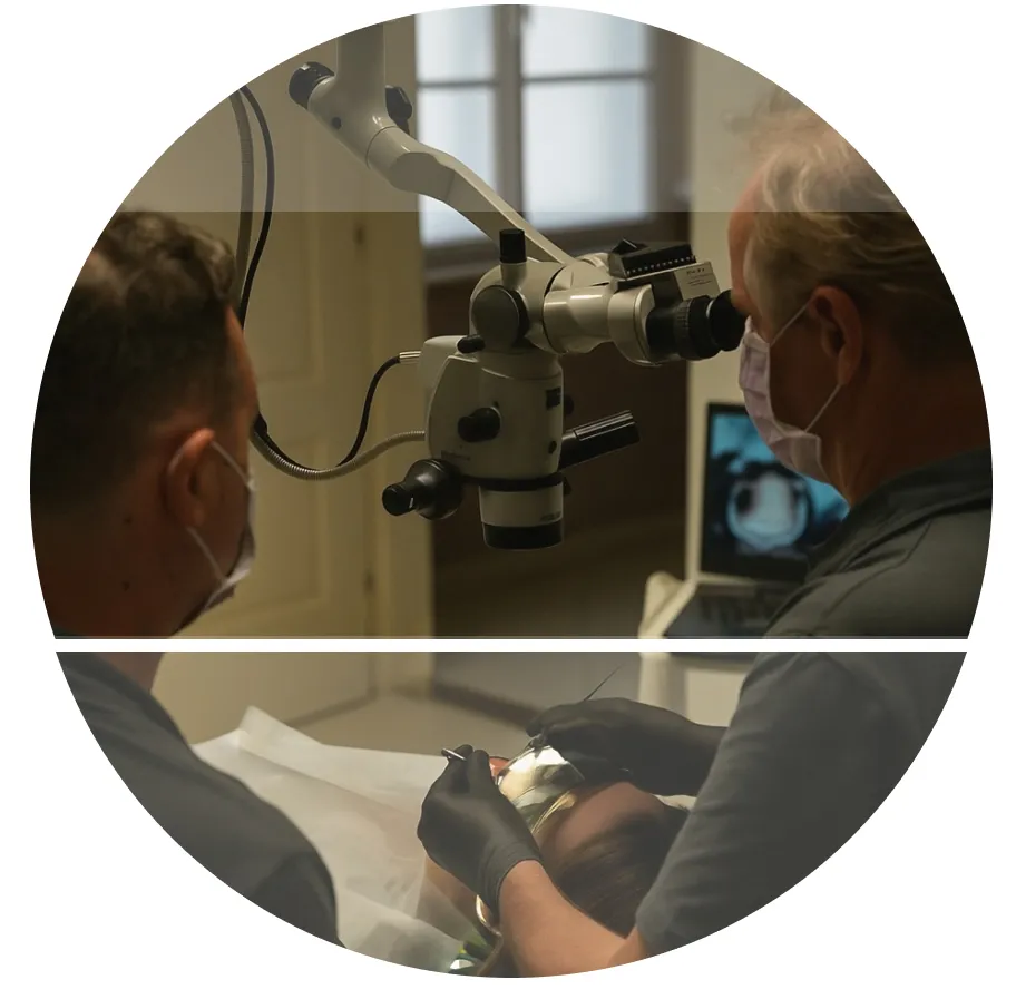 Dentist performing microscope-assisted root canal treatment at Harajda Dent
